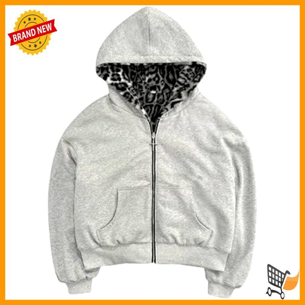 Reversible Zip Up Jacket Y2K Grunge Streetwear Vintage Leopard Print Baggy